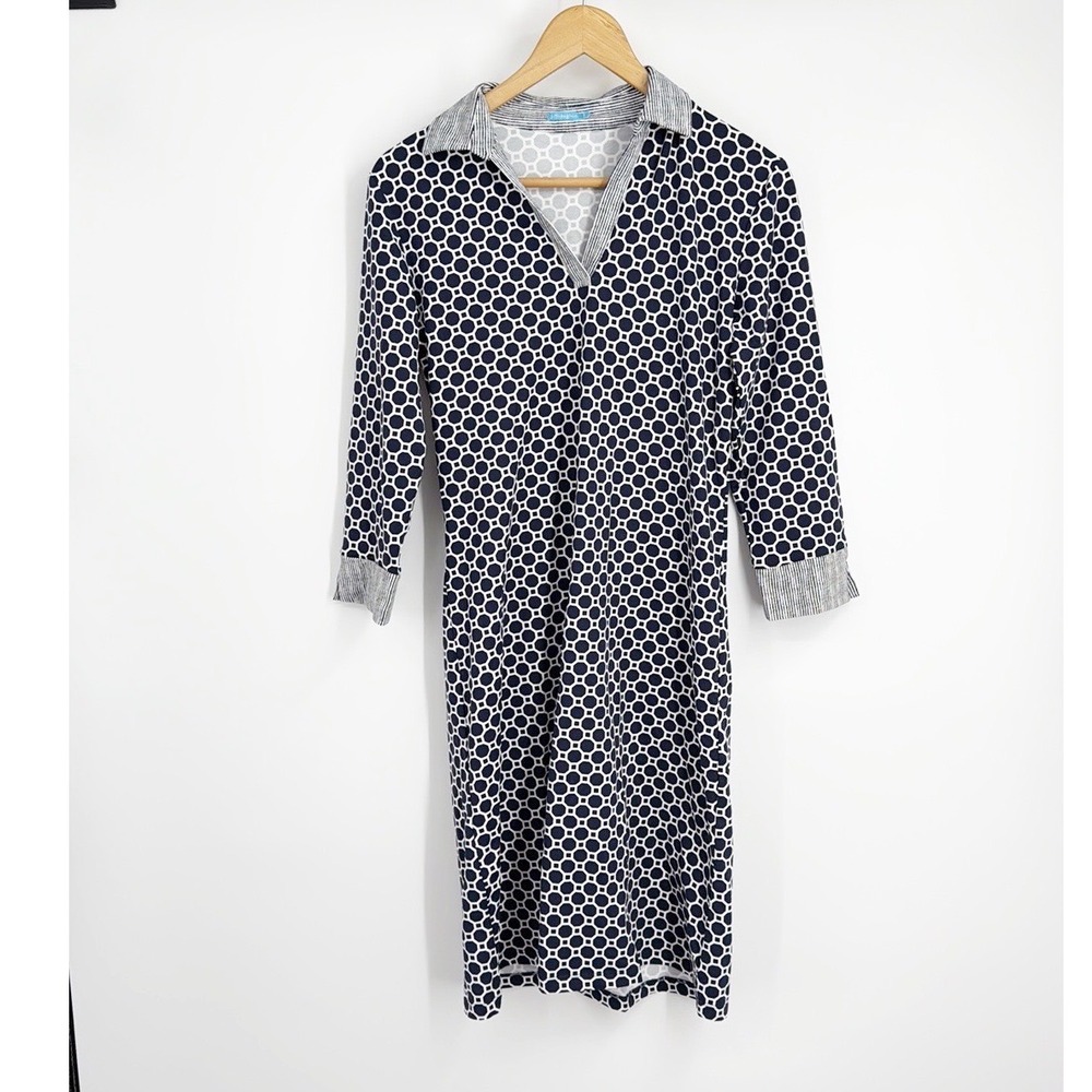 J.McLaughlin Navy White Geometric Print Collared Long Sleeve Dress Size S